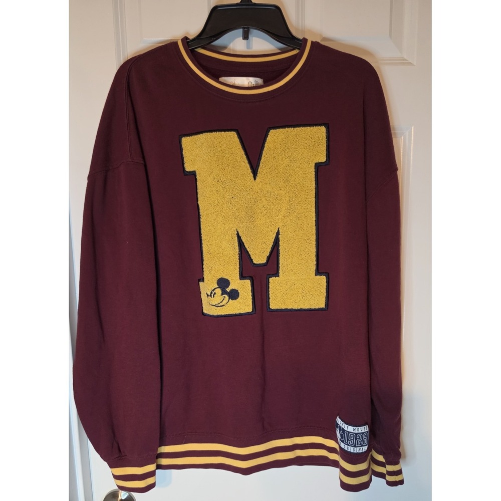 Disney Mickey Mouse Varsity M Chenille Sweatshirt Burgundy Gold Women's XL